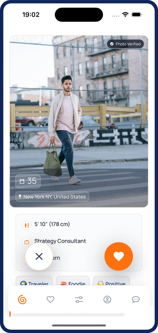 A member’s profile card, with the like and pass buttons