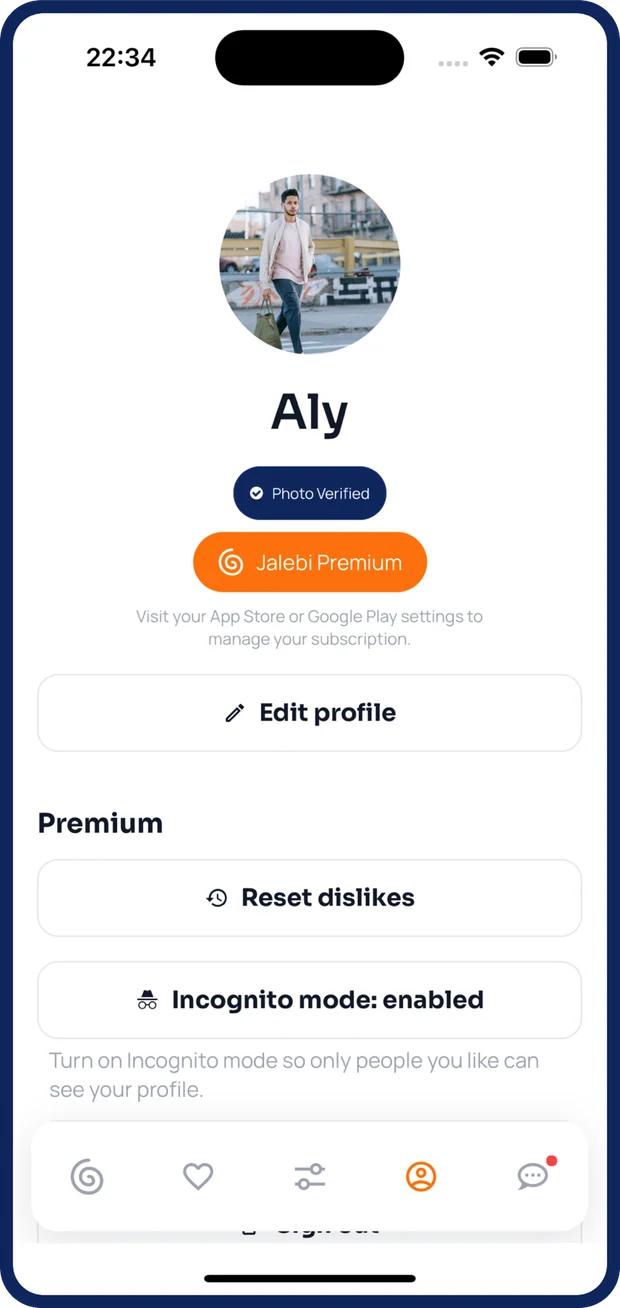 Profile settings, with Incognito mode switched on