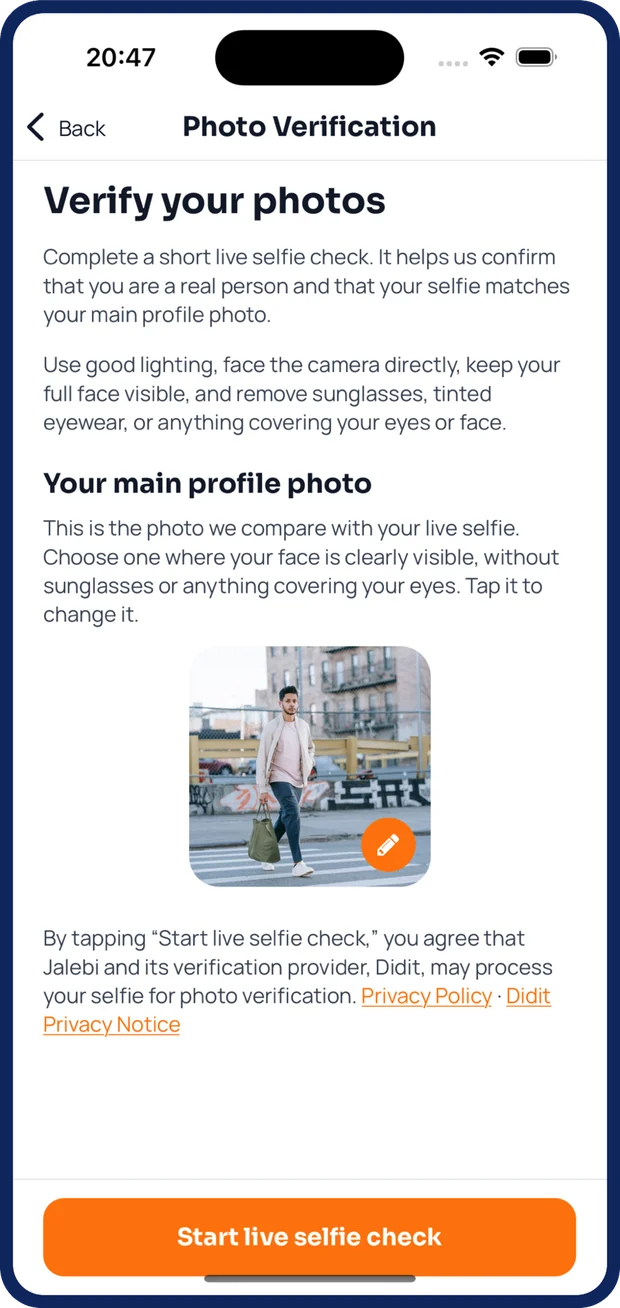 The photo verification screen, before the live selfie check