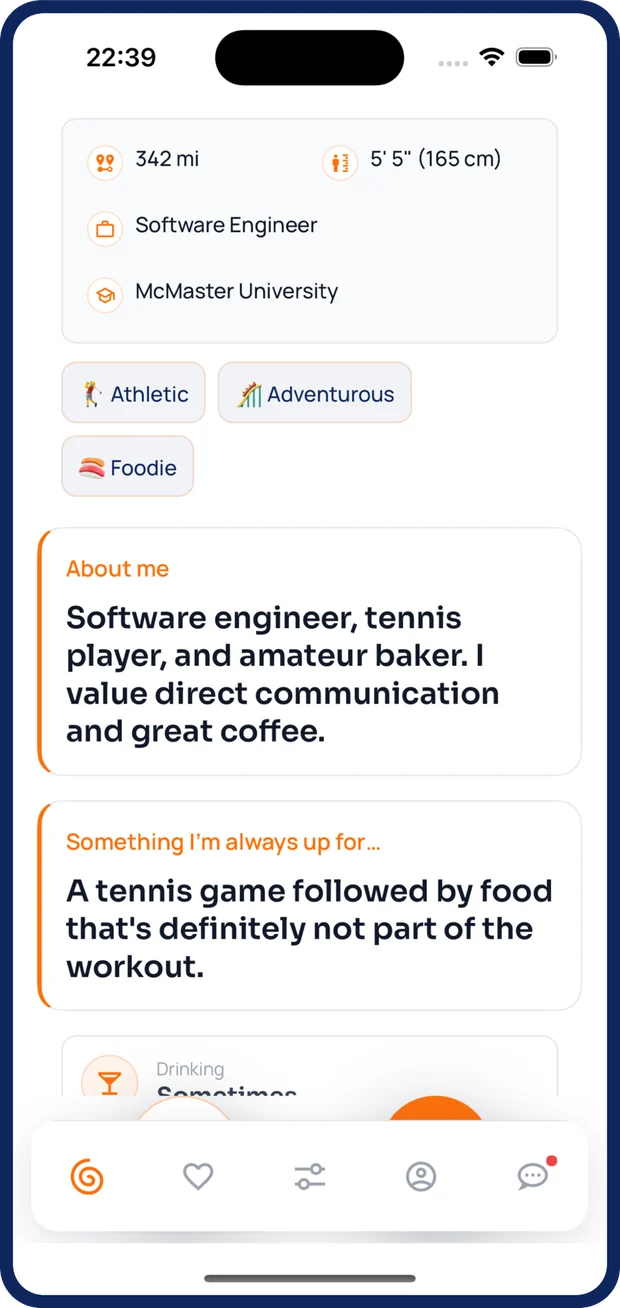 A profile’s details, interests and written prompts